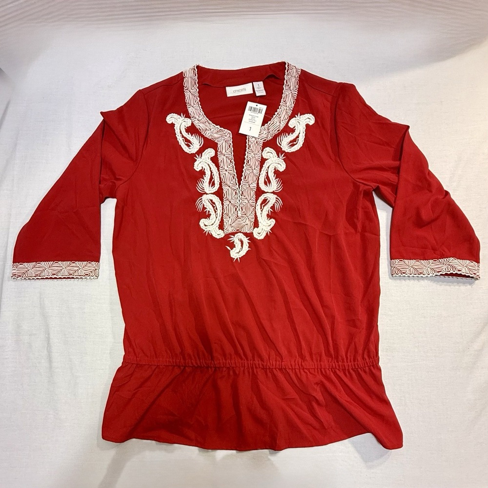 Chicos Women's Tunic Blouse Size 1 Red Embellished White Embroidery Blouson‎ Top